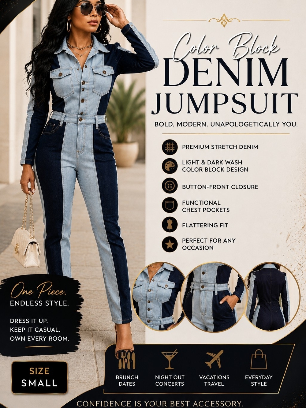 Fashion Nova Two-Tone Denim Colorblock Jumpsuit - Light Blue & Dark Blue